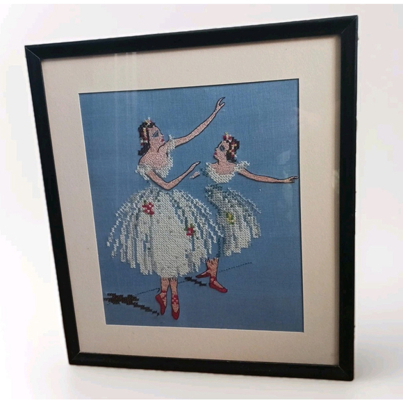 Vintage Cross Stitch Ballerina Dancers Framed 1953